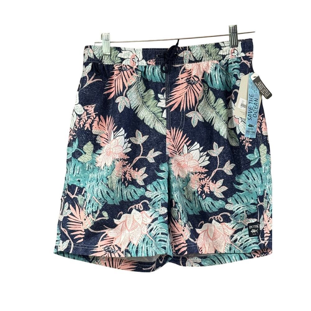 Spicy Tuna Mesh Lined Drawstring Swim Trunks Men Small Pink Green Tropical NWT